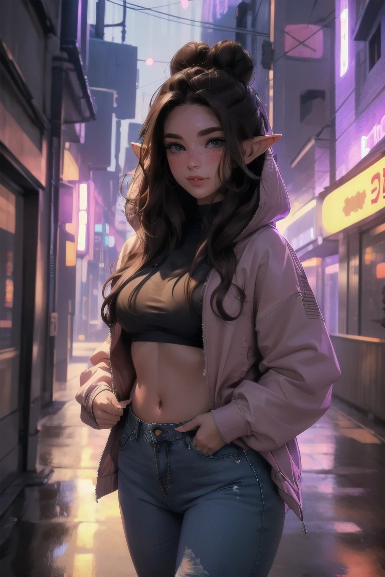(elf girl), master piece, blushing, freckles, wide hips, slim waist, thick thighs, masterpiece, best quality, sfw, mature 36 year old woman, brown hair, moist face,  wavy hair, mouth open, shiny. lips, beutiful round eyes, cyberpunk background, Waist high jeans, tight jeans, tall skyscraper background, bladerunner background, large hoodie, thick hoodie, Beautiful face, perfect face, deep eyes, elf ears, excited, happy, smiling, cropped hoodie, hairbun, unzipped jacket over cropped hoodie