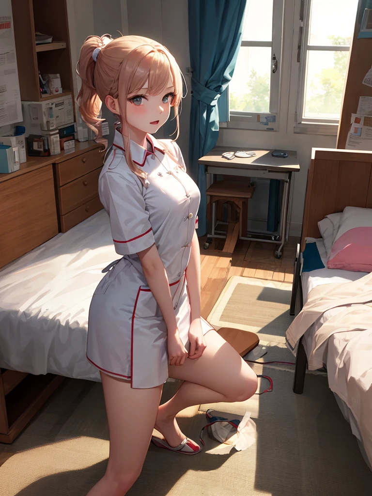 masterpiece, best quality, 1 girl, solo, 18 years old, small breasts, Perfect Face, beautiful, braid ponytail, short ponytail, nurse uniform, (on one knee:1.3),examining room,