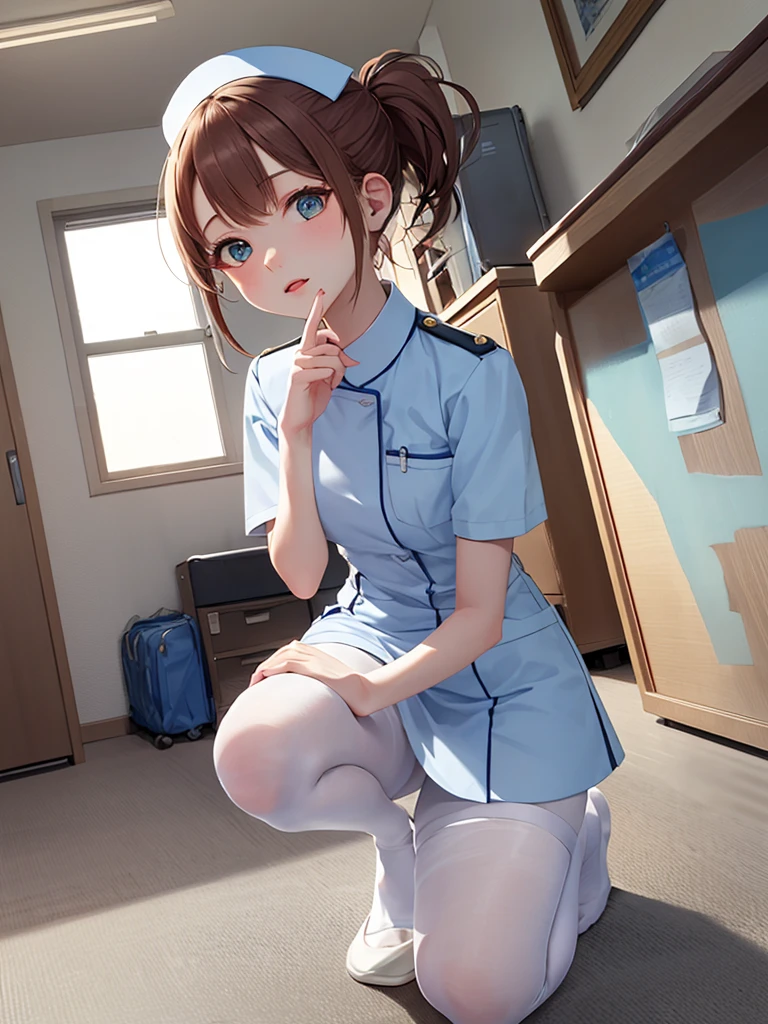 masterpiece, best quality, 1 girl, solo, 18 years old, small breasts, Perfect Face, beautiful, braid ponytail, short ponytail, blue nurse uniform, white pantyhose, (on one knee:1.3),examining room,