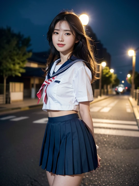 A Japanese idol at night, Vending machines and street lights in the background, (shy smile), (messy Hair blowing in the wind:1.3), (Japan Sailor School Uniforms, sailor fuku, serafuku, Japanese school sailor uniform, darkblue pleated skirt:1.27), (dynamic angle), navel, dynamic pose, masterpiece, (best quality:1.2), ultra highres, (photorealistic:1.4), (extremely perfect anatomy body parts), realism, natural light, depth of fields, Detailed Background, perfect composition,highly detailed, detailed face, extremely detailed, ultra-detailed, 8K wallpaper, extremely awesome detailed, dynamic lighting, deep shadows, photorealistic, realistic face, well-groomed face, japanese cute idol, cute & sexy, prostitute_expression, adorable, (pretty idol), (small mouth), small head, ((chiseled face)), no makeup, natural skin, pores, (absurdly cute)