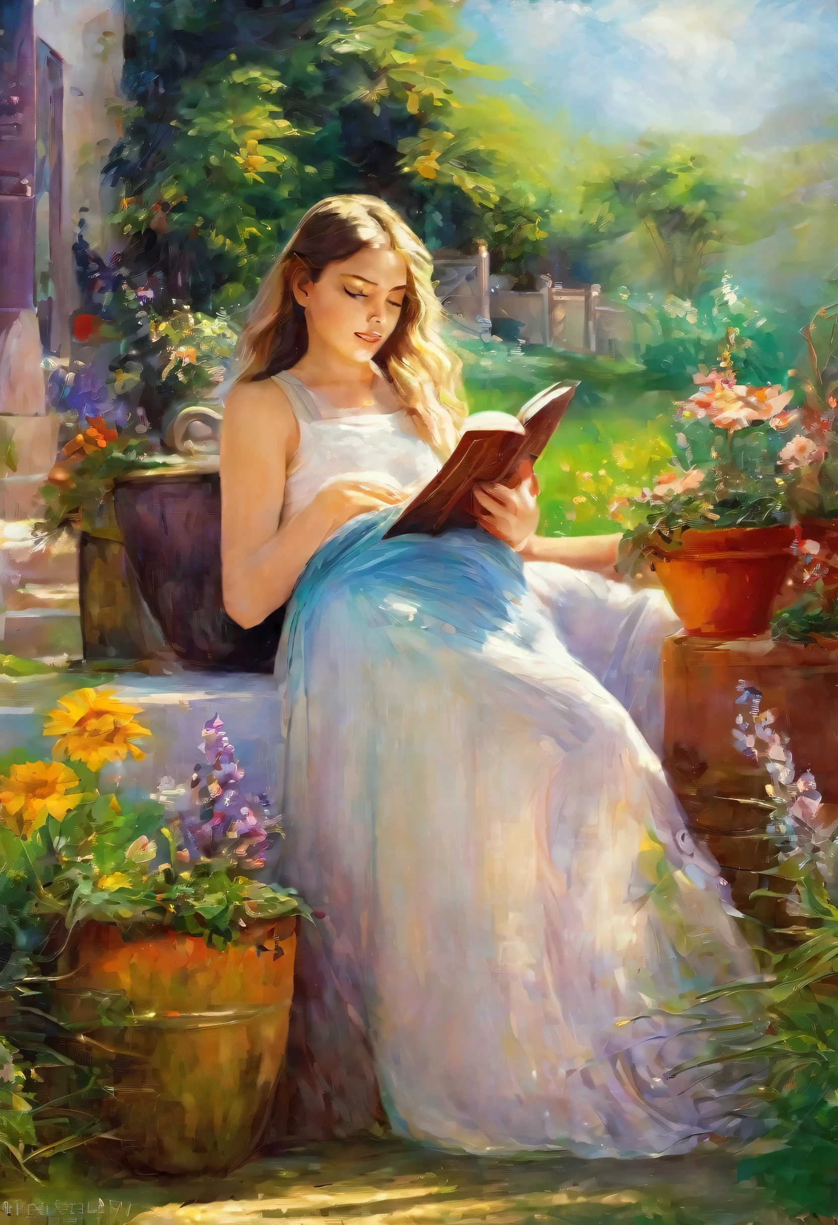 (full body,oil painting) A beautiful girl reading a book in a garden, wearing rich clothes and riding a bike, with detailed facial features, body posture and expression. The girl has stunning detailed eyes, beautiful detailed lips, and very expressive face. Her eyelashes are long and her hair flows naturally. The garden is filled with vibrant flowers and lush greenery, creating a peaceful and serene atmosphere. The oil painting style is reminiscent of Renoir, van Gogh, and Monet, with impressionistic brushstrokes and vivid colors that bring the scene to life. The painting is of high definition and captures every exquisite detail, from the delicate texture of the girl's clothes to the play of light and shadow on her face. The overall lighting is warm and soft, casting a gentle glow on the girl and the surrounding environment.