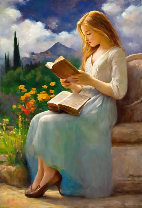 (full body,oil painting) a beautiful girl reading a book in a garden, wearing rich clothes and riding a bike, with detailed faci...