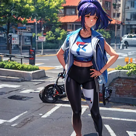 a woman with blue purple hair, ponytail hair, wearing a white cropped shirt, exposed abdomen, full body, wearing a blue purple l...