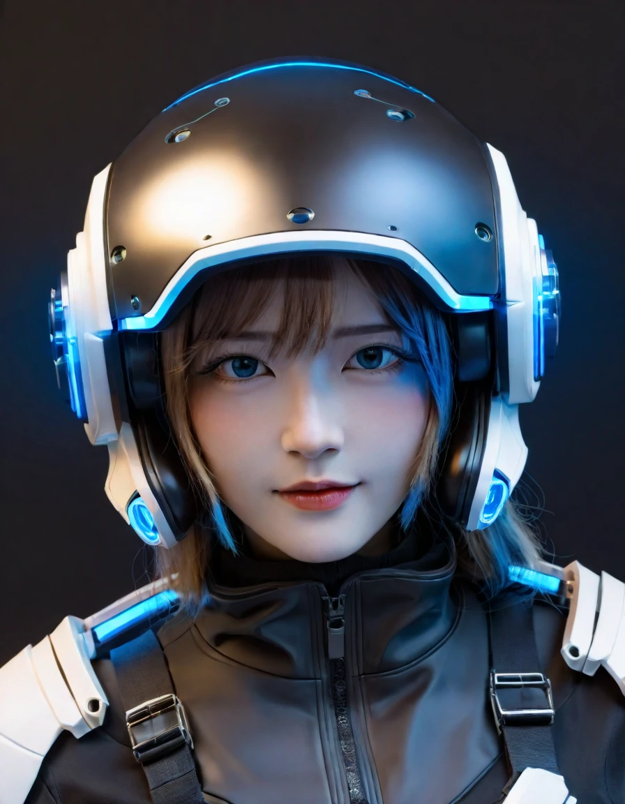 Crie um retrato inspirado em um tema de ficção científica futurista, O personagem is wearing a detailed helmet. Capacete com óculos，Pode exibir padrões de luz complexos, Enriquecido com reflexos em azul neon，Destaca-se no escuro, superfície lisa. O elmo&#39;A textura complexa reflete tecnologia avançada, Com sutis toques de cabos e peças mecânicas. O elmo has subtle reflections on its surface，Parece muito suave, O personagem&#39;A postura majestosa transmite poder. O rosto está coberto, Adiciona um ar de mistério. Fundo desfocado com luzes bokeh, Cidade da Dica, Provavelmente uma atividade noturna. O design do capacete lembra uma armadura de videogame ou arte conceitual, Evoca a essência de um soldado ou personagem avançado.