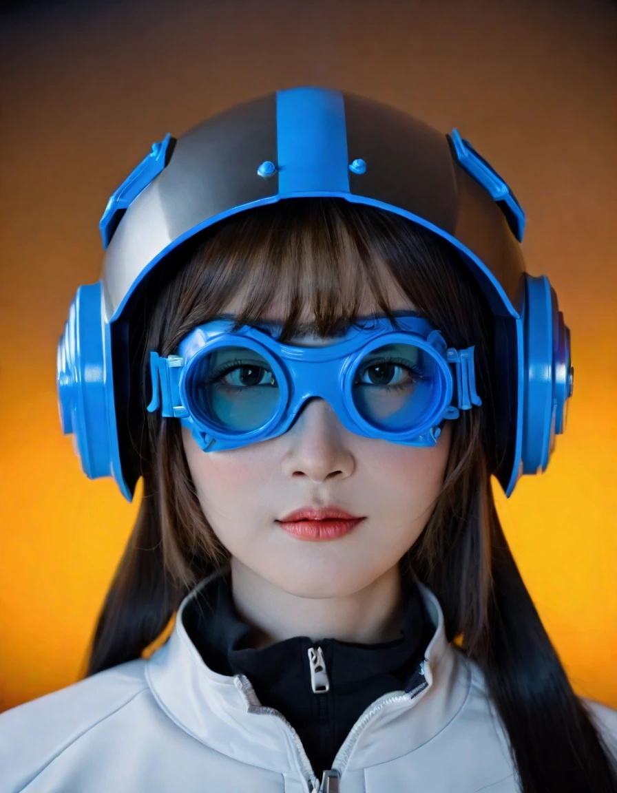 Crie um retrato inspirado em um tema de ficção científica futurista, O personagem is wearing a detailed helmet. Capacete com óculos，Pode exibir padrões de luz complexos, Enriquecido com reflexos em azul neon，Destaca-se no escuro, superfície lisa. O elmo&#39;A textura complexa reflete tecnologia avançada, Com sutis toques de cabos e peças mecânicas. O elmo has subtle reflections on its surface，Parece muito suave, O personagem&#39;A postura majestosa transmite poder. O rosto está coberto, Adiciona um ar de mistério. Fundo desfocado com luzes bokeh, Cidade da Dica, Provavelmente uma atividade noturna. O design do capacete lembra uma armadura de videogame ou arte conceitual, Evoca a essência de um soldado ou personagem avançado.