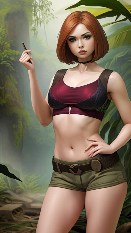 Karen Gillan, masterpiece quality, (masterpiece quality:1.5), high res, realistic, lots of detail, alone, 1girl, (1girl:1.9), solo, (solo:1.9), in a jungle, ancient ruins in background, wearing red blouse, midriff, (midriff:1.5), wearing camouflage bikni, short hair, thin body, small breasts, (small breasts:1.5), 