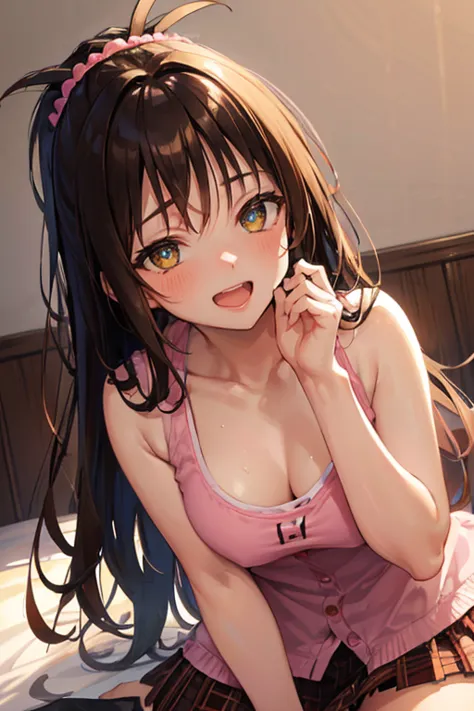 nsfw,((1man with 1woman,having sex)),lying down,show off nipple,yuuki mikan, (brown eyes:1.7), brown hair, hair ornament, hair s...