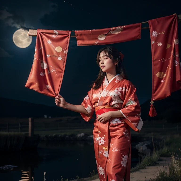 masterpiece, best quality, woman in red kimono, cloth flowing in the air, moon, boreal steppe