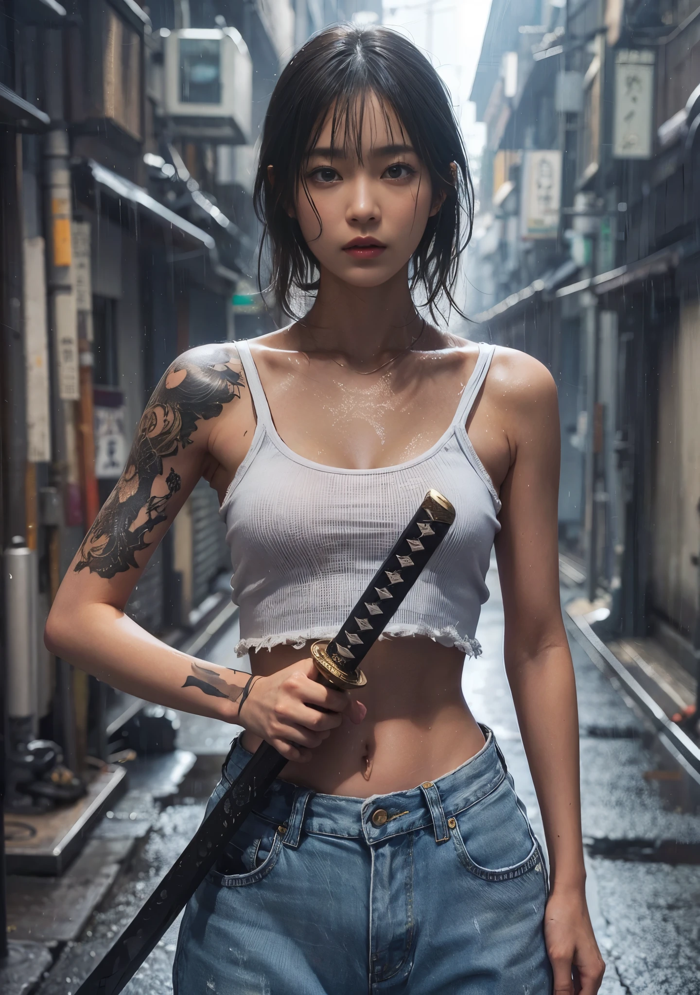 ８ｋ,textura de pele realista、superrealismo、foto realista、Mulheres japonesas、、De pé com uma espada do Japão、elevar-se em toda a sua altura.、A ponta da espada está apontada para mim、regata,jeans oversized、tênis、Beco de Shinjuku、Composição inovadora、foto de corpo inteiro、、Um olhar melancólico、tatuagem、chuva、encharcado