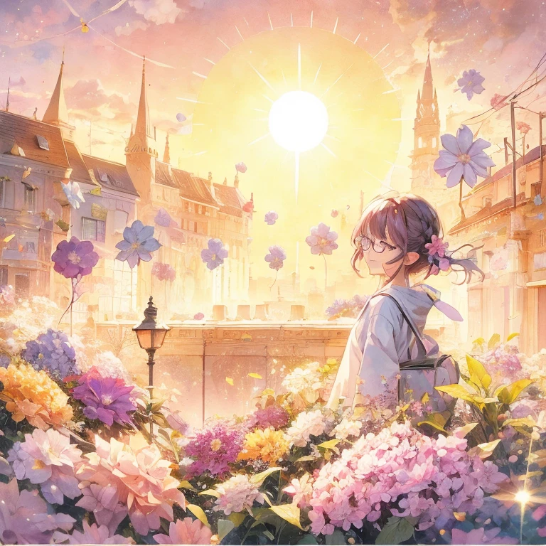 Anime souriante fille aux cheveux roses aux yeux violets avec des lunettes regardant le soleil dans une ville avec des fleurs, art officielwork, bel animé artwork, bel animé, Belle scène paisible dans l&#39;anime, bel animé scene, art de fond animé, un jour ensoleillé, Belle illustration d’œuvre d’art, bel animé art, illustration officielle de l&#39;anime, art officiel, bel animé scenery, lumière du matin d&#39;été, Google Art Station sur pixiv