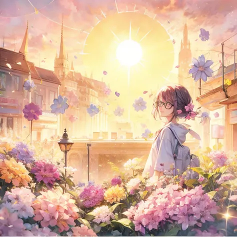 Anime smiling pink haired purple eyed girl with glasses looking at the sun in a city with flowers, Official Artwork, Beautiful A...