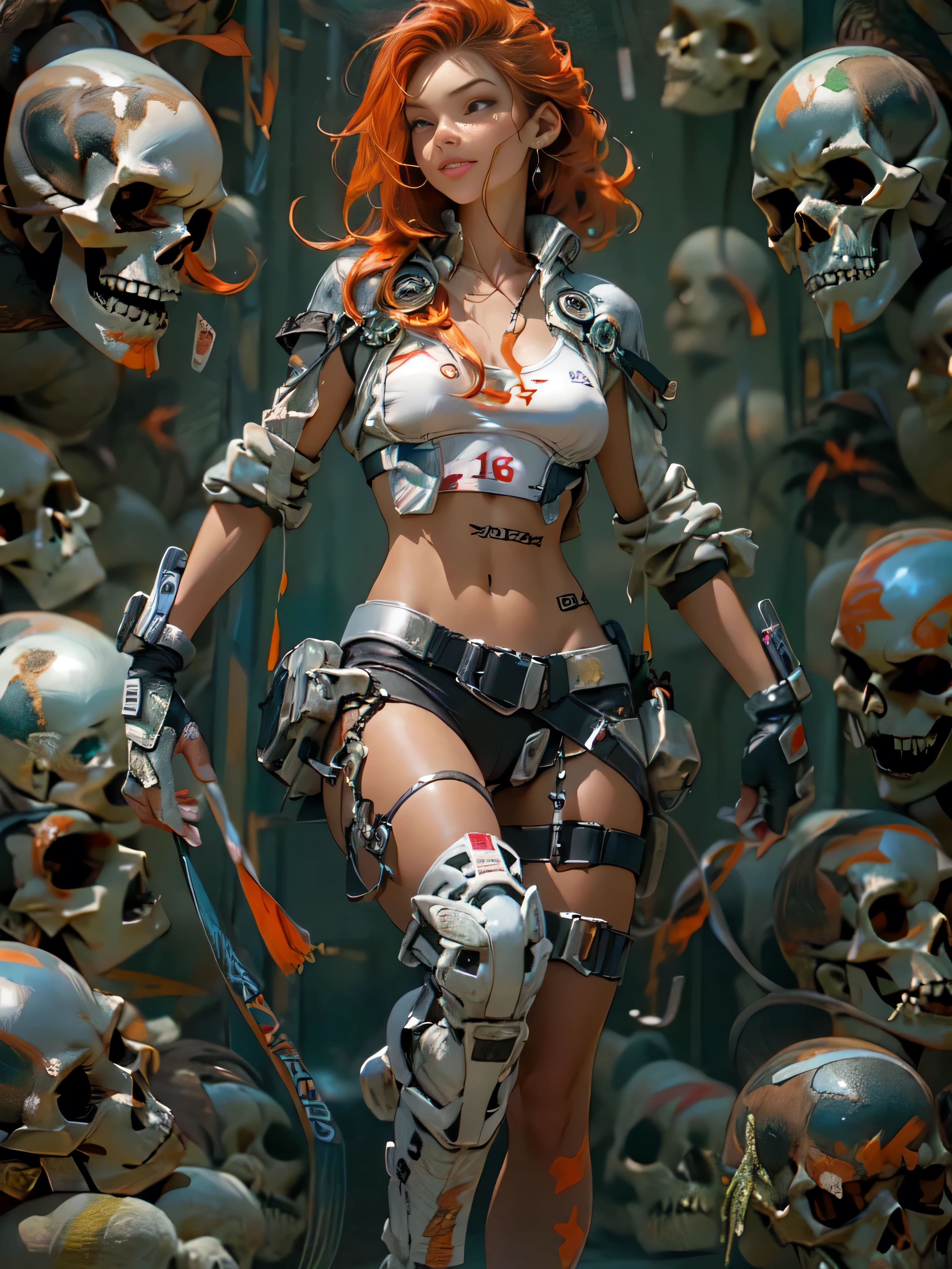 ((Crea una Girl 16+ years old.), (realist), (masterpiece, Best Quality), (full body) (1 once), (1 Girl), (sexy), (One, hits, dyed red hair) (White Armor Cyber Skulls), (black long stockings with gloves)).((close up), (Standing at full height), (mysterious))_((Girl), (green:1.5, orange:1.1, white: 1.3, yellow:1.3))_((Girl muy sexy con rastas), (tattoos), (naked body parts), (down jacket: 1.2), (Jacket on a naked body., T-shirt, Correa))_((Beautiful figure, half turn 16+ years),(realist)), ((small peach breasts, elegant figure, narrow waist, soft hips)), ((Long double braids),(tight braids),(Braided hair), (dark hair)), ((Red lips)), ((smile))_((shiny skin:1.5, white skin, clear skin: 1.5)), ((sexy), (Beautiful ))_((Fractals, flores, leaves, fog, Lilies, circles background))_((chiaroscuro, contrast, warm cold), (visualization of the atmosphere), (Best Quality), (Virtual realism))_((Digital paint, animated style, cyberpunk), (Best Quality, 4k, high resolution, masterpiece: 1.2)), ((ultra detailed)), ((realist, photorealist, photorealist: 1.37))_((Soft and clear shapes, General strokes, Attention to details))_((high quality, 16k | ultra high definition | full hd)).