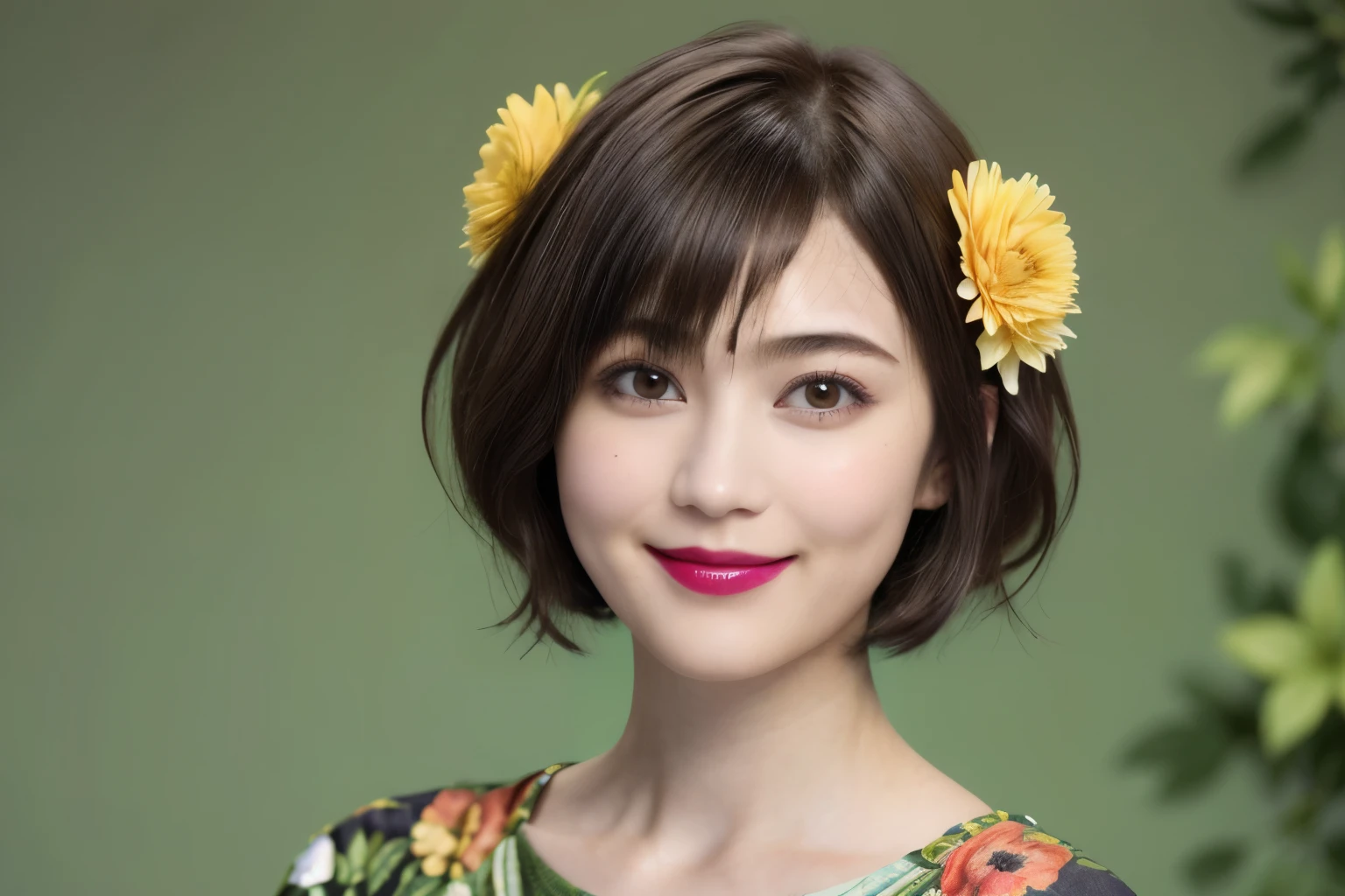 227 (20-year-old woman,Floral costume), (Surreal), (High resolution), ((Beautiful Hairstyles 46)), ((short hair:1.46)), (A kind smile), (Busty:1.1), (lipstick)