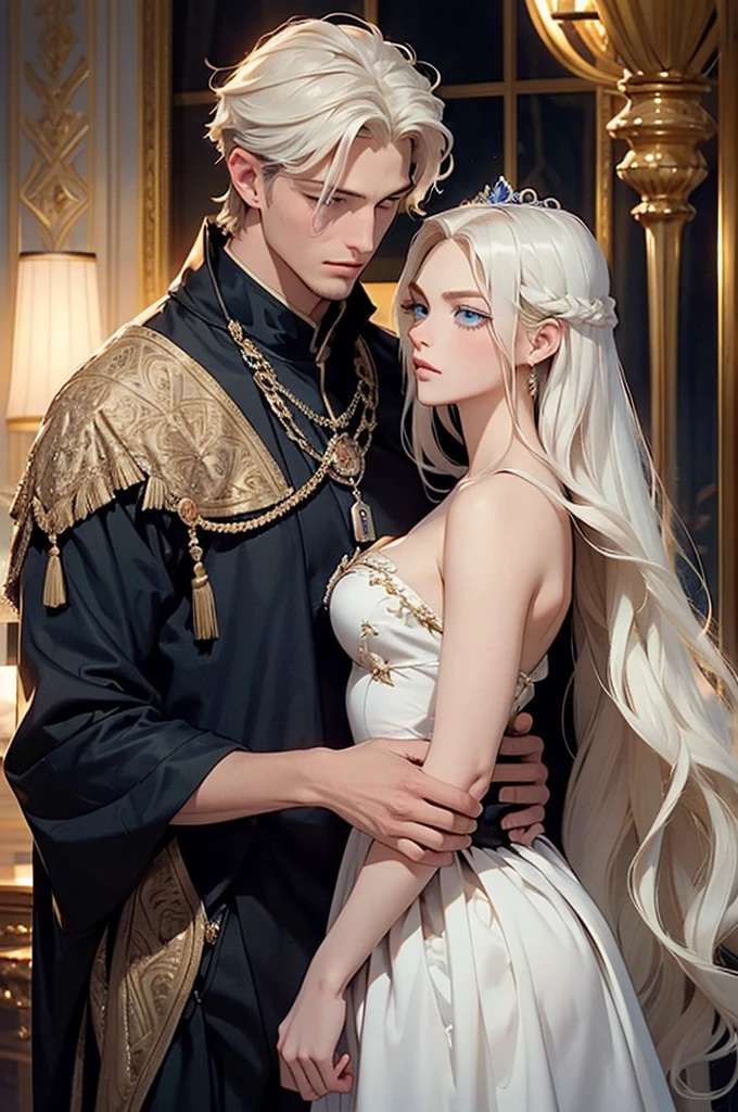 The picture shows a couple: a man and a woman. 1 man (Tall, handsome, athletic build, statuesque, courageous young male king, platinum blonde with blue eyes, long straight platinum hair, dressed in royal attire), carries in his arms a sleeping 1 woman (an incredibly beautiful young femme fatale with long golden hair, blue eyes, she is wearing a princess dress). Masterpiece, detailed study of the face, beautiful face, beautiful facial features, perfect image, realistic shots, detailed study of faces, full-length image, 8k, detailed image, extremely detailed illustration, a real masterpiece of the highest quality, with careful drawing.