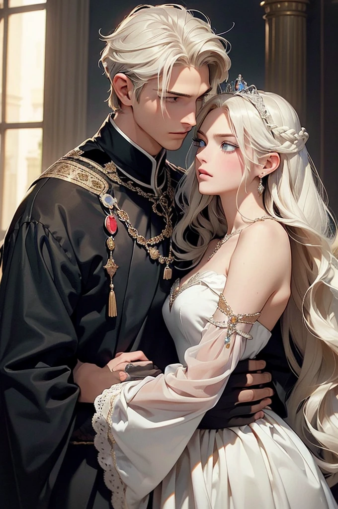 The picture shows a couple: a man and a woman. 1 man (Tall, handsome, athletic build, statuesque, courageous young male king, platinum blonde with blue eyes, long straight platinum hair, dressed in royal attire), carries in his arms a sleeping 1 woman (an incredibly beautiful young femme fatale with long golden hair, blue eyes, she is wearing a princess dress). Masterpiece, detailed study of the face, beautiful face, beautiful facial features, perfect image, realistic shots, detailed study of faces, full-length image, 8k, detailed image, extremely detailed illustration, a real masterpiece of the highest quality, with careful drawing.