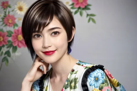 227 (20-year-old woman,floral costume), (surreal), (high resolution), ((beautiful hairstyles 46)), ((short hair:1.46)), (a kind ...