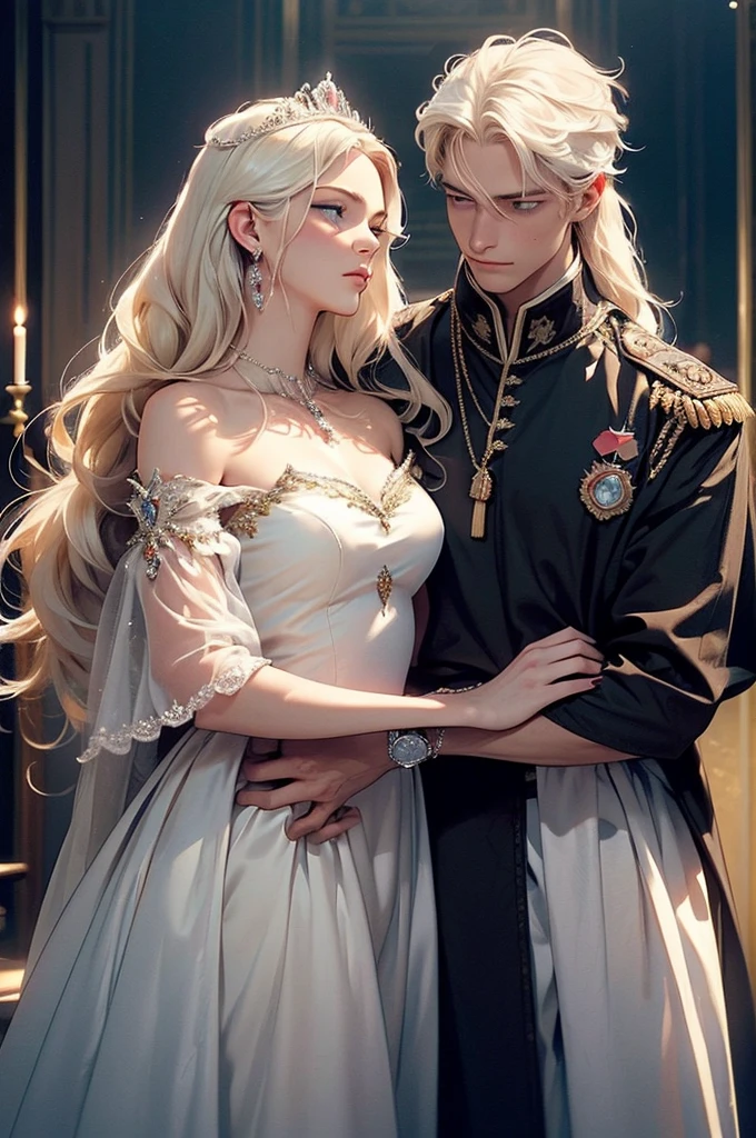 La photo montre un couple: Un homme et une femme. 1 homme (grand, beau, forme d&#39;Athlete, Sculptural, jeune roi courageux, platinum blonde with yeux bleus, cheveux longs et raides platine, vêtu d&#39;une tenue royale), porte dans ses bras une femme endormie (une jeune femme fatale incroyablement belle avec de longs cheveux dorés, yeux bleus, elle porte une robe de princesse). chef-d&#39;œuvre, Etude détaillée du visage, Beau visage, Beaux traits du visage, image parfaite, Des clichés réalistes, étude détaillée des visages, image en pleine longueur, 8k, image détaillée, illustration extrêmement détaillée, un véritable chef-d&#39;œuvre de la plus haute qualité, avec un dessin soigné.