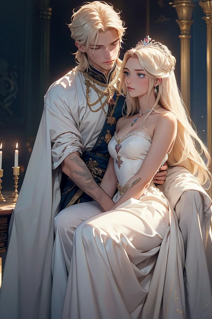 The picture shows a couple: a man and a woman. 1 man (Tall, handsome, athletic build, statuesque, courageous young male king, platinum blonde with blue eyes, long straight platinum hair, dressed in royal attire), carries in his arms a sleeping 1 woman (an incredibly beautiful young femme fatale with long golden hair, blue eyes, she is wearing a princess dress). Masterpiece, detailed study of the face, beautiful face, beautiful facial features, perfect image, realistic shots, detailed study of faces, full-length image, 8k, detailed image, extremely detailed illustration, a real masterpiece of the highest quality, with careful drawing.