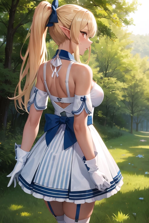 masterpiece, highest quality, High resolution, One girl, Shiranui Flare, Striped Hair, Multicolored Hair, Dark Skin, Long Hair, Blonde Hair, hair blue bow, Pointed Ears, alone, Side Lock, White gloves, Removable sleeves, Garter Straps, White knee socks, high ponytail, White Dress, Red eyes, Red bow tie, Gray Hair, Dark Elf, Long sleeve, Exposing shoulders, ponytail, Cowboy Shot, walk, From behind,