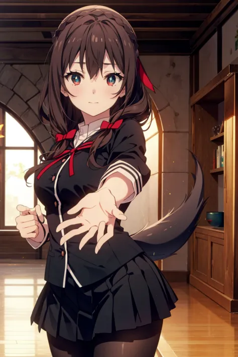 konosubaitchy, itchy, long hair, brown hair, Hair accessories, (Red Eyes:1.3), bow, Ribbon, Double tail, Weaving, hair bow,Smile...