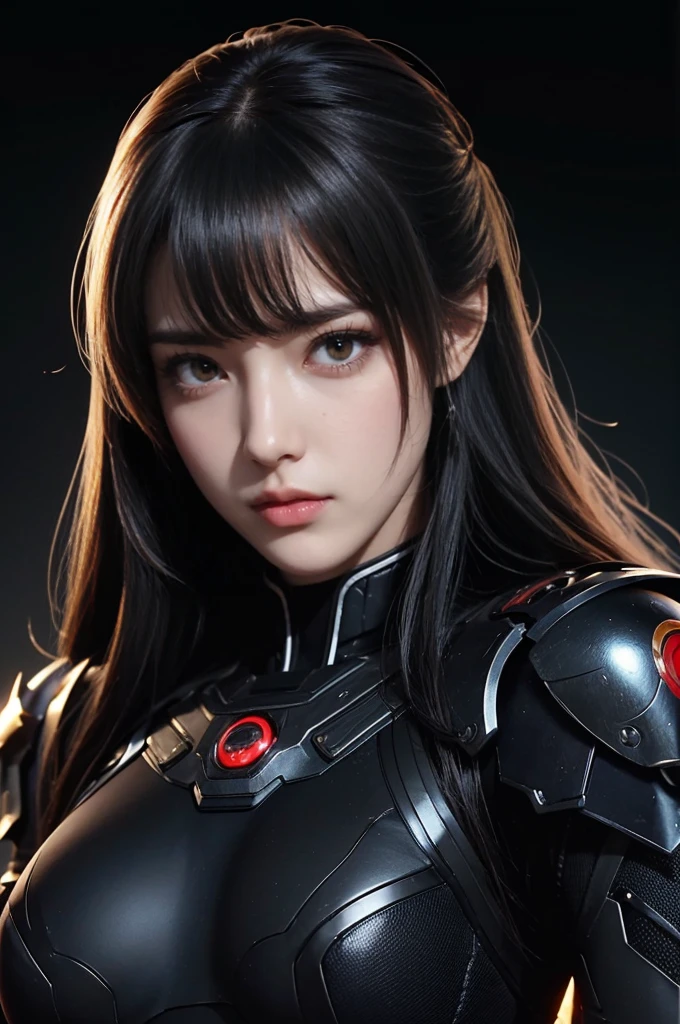 masterpiece，Best quality，high resolution，8K，((portrait))，(Head close-up)，original photo，real picture，Digital Photography，(Cyberpunk style female Special Forces warrior)，(Special Forces)，20-year-old girl， hairstyle，By Bangs，Amazing amount of hair，Red eye hair)，Large Breasts，pectoral groove， Accessories，Open lips，Keep your mouth smooth and attractive，Serious and arrogant，Calm and handsome，(Special Forces Clothing，Combat uniform，Combined Armor，Black)，Photo poses，cyberpunk characters，Sci-fi style，Gray background，oc render reflection texture