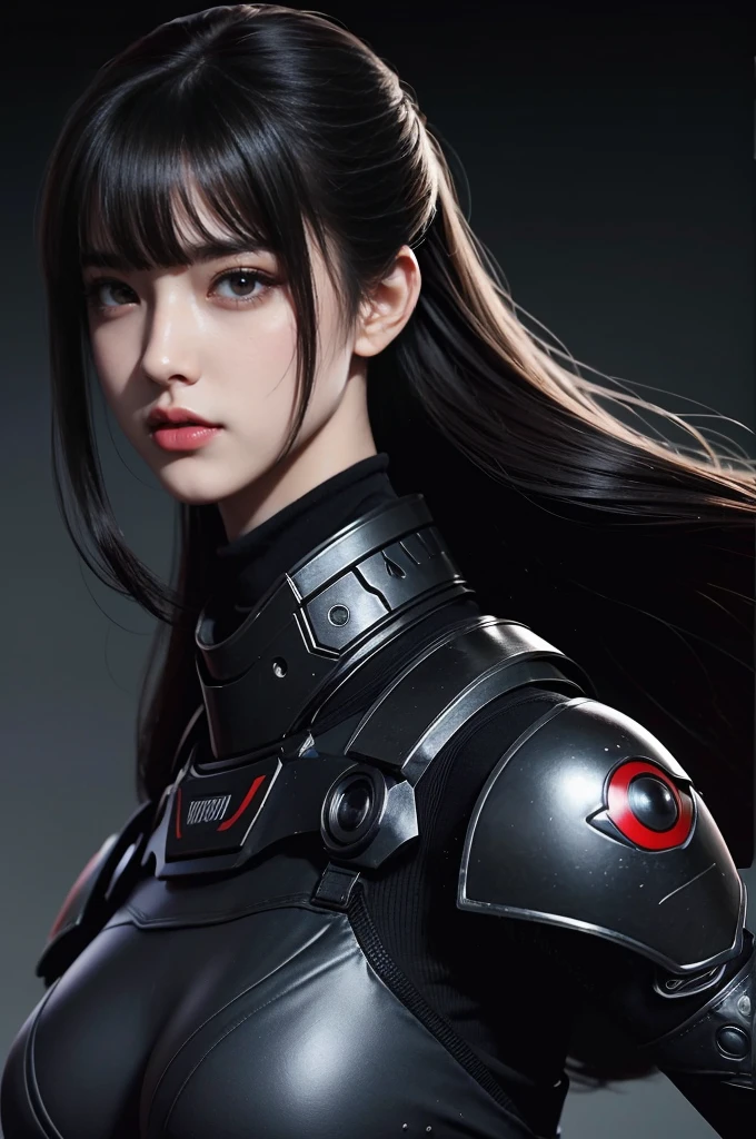 masterpiece，Best quality，high resolution，8K，((portrait))，(Head close-up)，original photo，real picture，Digital Photography，(Cyberpunk style female Special Forces warrior)，(Special Forces)，20-year-old girl， hairstyle，By Bangs，Amazing amount of hair，Red eye hair)，Large Breasts，pectoral groove， Accessories，Open lips，Keep your mouth smooth and attractive，Serious and arrogant，Calm and handsome，(Special Forces Clothing，Combat uniform，Combined Armor，Black)，Photo poses，cyberpunk characters，Sci-fi style，Gray background，oc render reflection texture