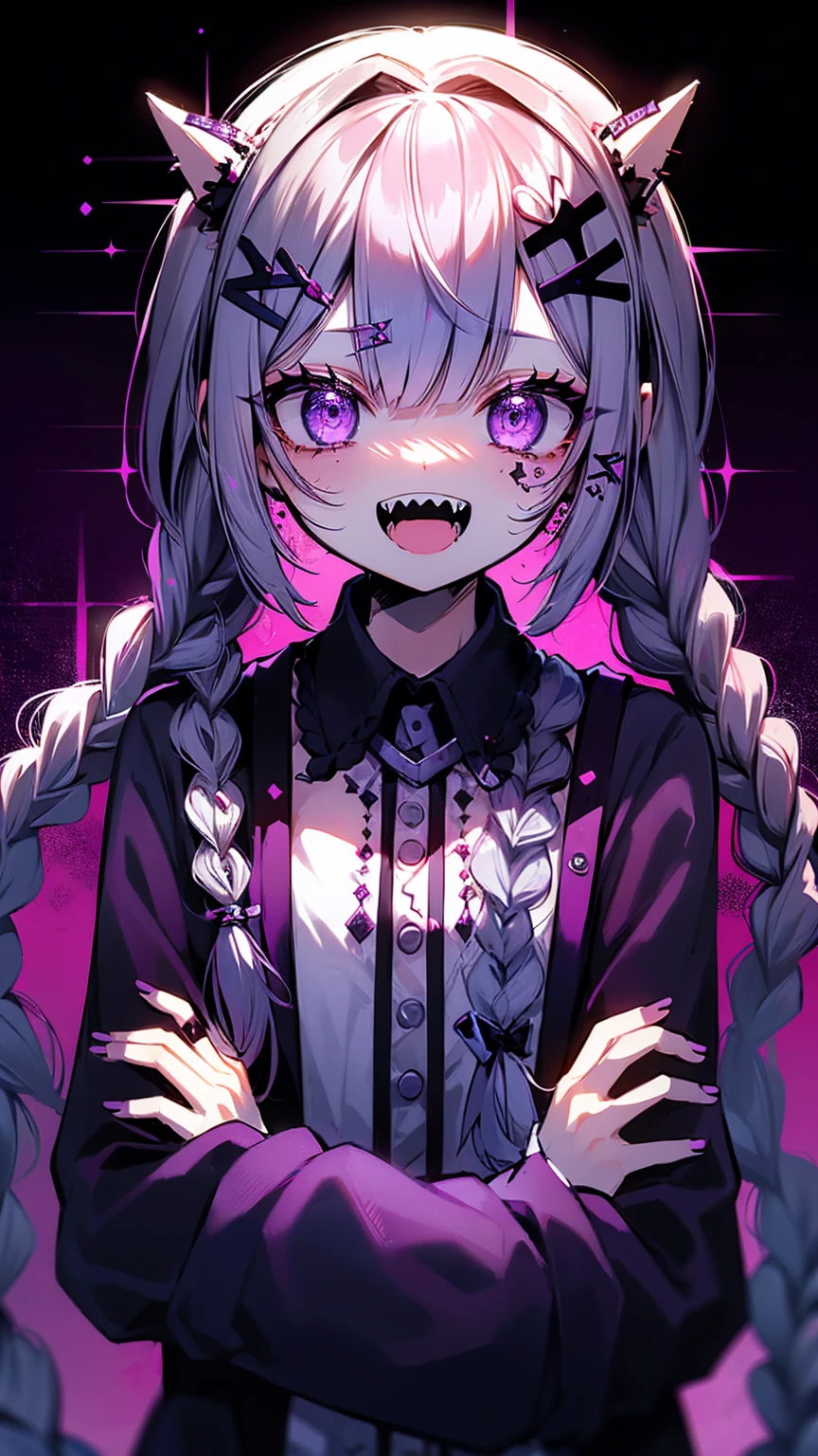 masterpiece,best quality,
//////////////1girl,solo,sharp teeth,teeth,braid,twin braids,open mouth,grey hair,looking at viewer,purple eyes,long hair,horror \(theme\),blood,long sleeves,upper body,shirt,smile,
//////// ,