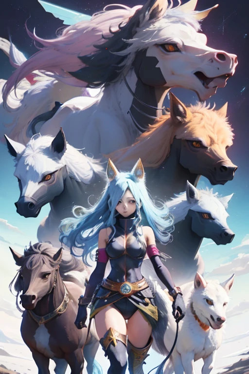 animal illustrations,mixed species,different kinds of animals,various species,diverse animals,digimon evolution，Ultimate Evolution，perfect body，ultimate body，horse，There is personification，digimon evolution，Ultimate Evolution，perfect body，ultimate body，UFO，有horse，There is personification