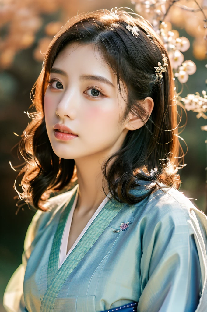 ( masterpiece, top quality, best quality,8k,years old girl,ultra detailed,raw photo:1.5),(photorealistic:1.4), (cinematic lighting), PerfectNwsjMajic, , Surrealism, UHD, ccurate, Super detail, textured skin, High detail, Best quality, dynamic angle, White skin,[Beautiful blue eyes], high nose,(1girl),(good anatomy:0.5)), Dreamy atmosphere,expressive brush strokes, mystical ambiance, Artistic interpretation, a whimsical illustration, Subtle colors and tones, mystical aura, Woman wearing traditional Korean costume,(hanbok:1.3), Joseon dynasty, jeogori,chima,and the po,portrait,(hairstyle1.5), flower,warm sun,face, tender ,shiny skin