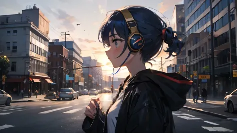 1 girl with headphone, blue hair color, driving while looking out, city