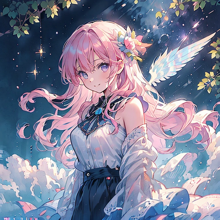 Exquisite, beautiful, Super detailed, masterpiece, high quality, Absurd, High resolution, Full HD, 16k, null, woman, Fairy, Princess, Happy, fun, smile, Laughter, flight, floating, Bob, Wavy Hair, Pink Hair, Purple eyes, Glasses、Big eyes, Fair skin, slim, With wings, With the crescent moon, With Stardust, with a starry null, With the Nebula, With shooting star, Surrounded by stars and stardust, In the middle of the night, Soft Edge, Soft lines, Wide Shot, Saturated colors, Vibrant colors, pastel colour