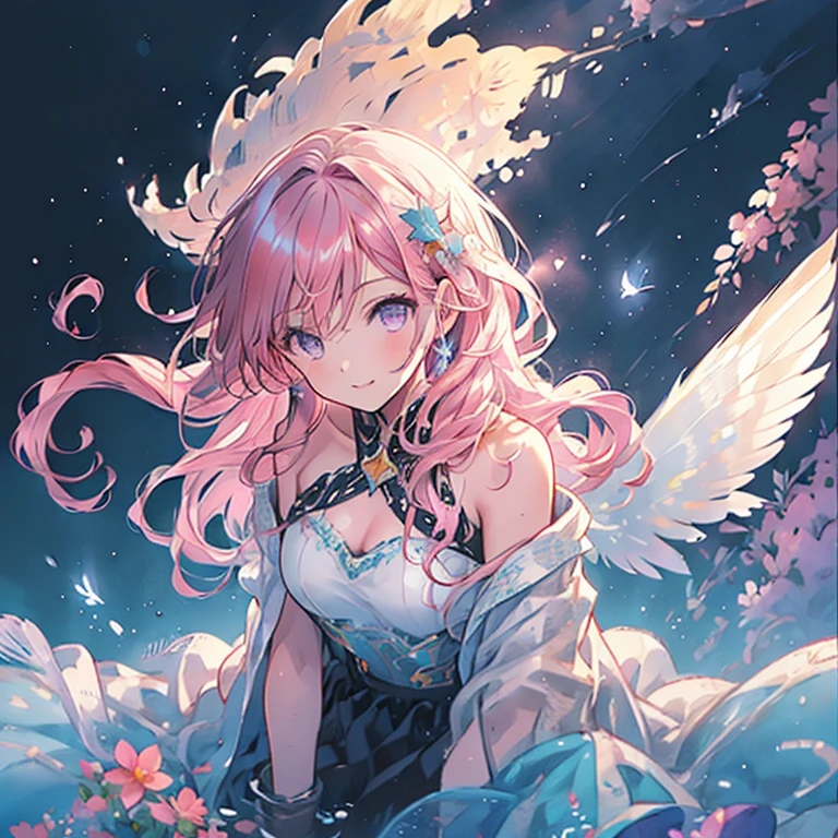 Exquisite, beautiful, Super detailed, masterpiece, high quality, Absurd, High resolution, Full HD, 16k, null, woman, Fairy, Princess, Happy, fun, smile, Laughter, flight, floating, Bob, Wavy Hair, Pink Hair, Purple eyes, Glasses、Big eyes, Fair skin, slim, With wings, With the crescent moon, With Stardust, with a starry null, With the Nebula, With shooting star, Surrounded by stars and stardust, In the middle of the night, Soft Edge, Soft lines, Wide Shot, Saturated colors, Vibrant colors, pastel colour
