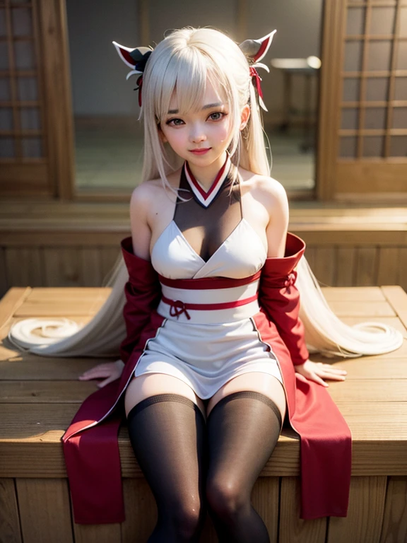 (masterpiece, best quality:1.2),Reality, high resolution, Soft Light,1 Woman, Solitary, Hip lift, View Viewer, (Delicate face), Smile,beautiful girl, Hanfu, east asian architecture,scabbard,architecture, Black over-the-knee stockings, Large Breasts,open chest,Show your shoulders,Long silver-white hair,Long hair after vigorous growth,(braid,細braid,The braid is on both sides of the face),Headbands, Upper Body, Jewelry, Extra long ribbon, legs open,sit