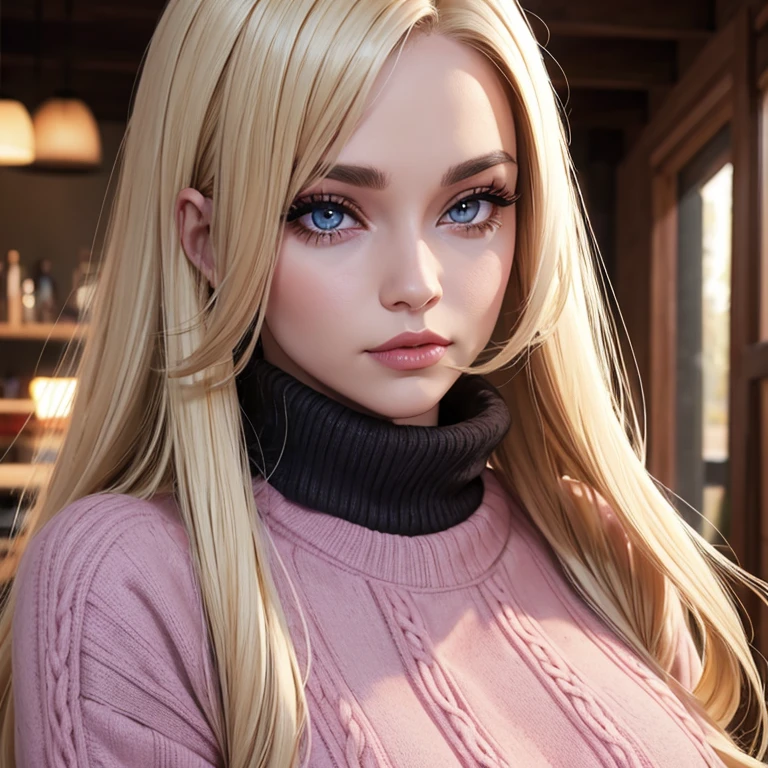 Woman blonde straight hair black roots brown eyes big eyelashes lips pink wool sweater blue jeans 