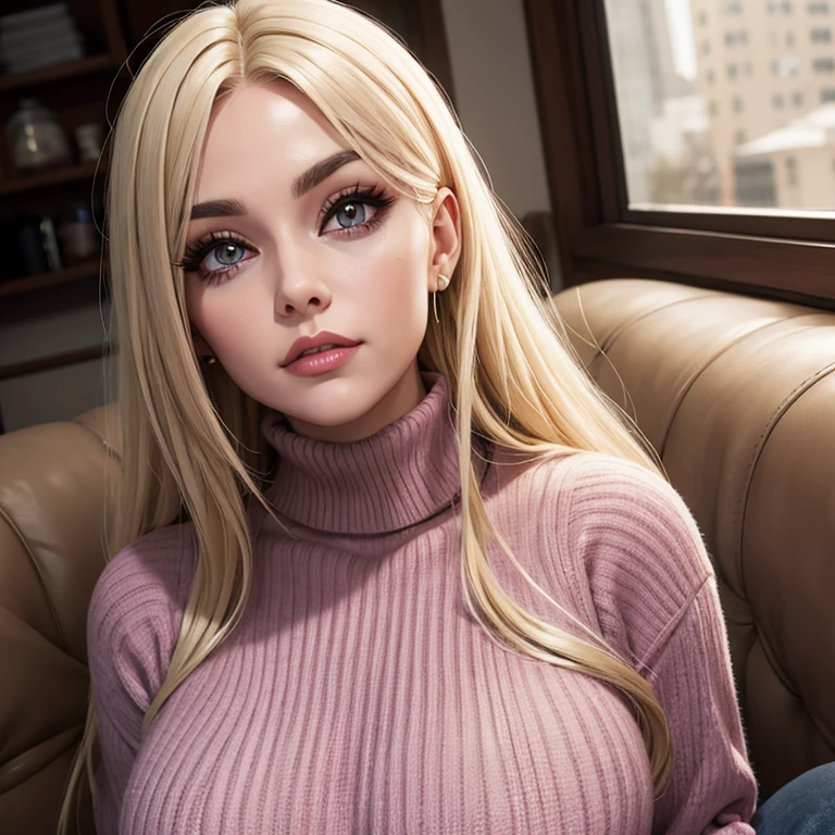 Woman blonde straight hair black roots brown eyes big eyelashes lips pink wool sweater blue jeans 