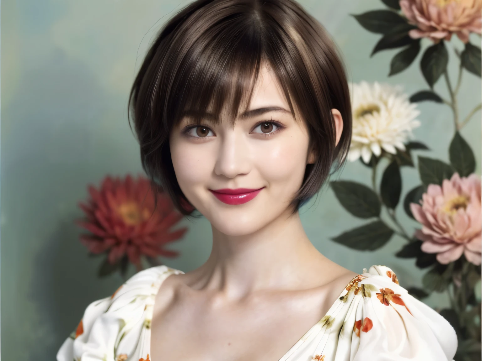 227 (20-year-old woman,Floral costume), (Surreal), (High resolution), ((Beautiful Hairstyles 46)), ((short hair:1.46)), (A kind smile), (Big Breasts:1.1), (lipstick)