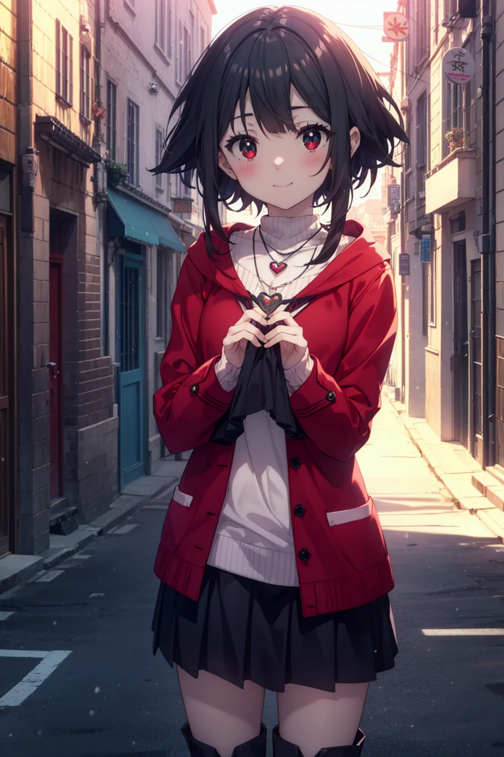 konosubaHuihui, Huihui, short hair, Black Hair, (Red Eyes:1.3), short hair with long locks,Smile,blush,Long red coat　There is an open front,Heart necklace,White sweater,Black silencer,long skirt,Ankle boots,winter,Cold sky,it&#39;Snowing,Snowflakes falling,
Rest outdoors, In the city,Building Street,
Resting looking at viewer, (Cowboy shooting:1.5), (Skirt lift:1.3), (thongs:1.1),White panties rest (masterpiece:1.2), best quality, high resolution, Unity 8k Wallpaper, (number:0.8), (Delicate and beautiful eyes:1.6), The face is rich in detail, Perfect lighting, Very detailed CG, (Perfect hands, Perfect anatomical structure),