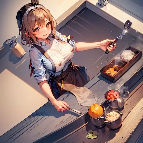 (((girl cook))), (kitchen apron), (preparing a meal), (looking up: 1 ,3),(perfect big breasts), (very cute), (perfect), ((viewer...