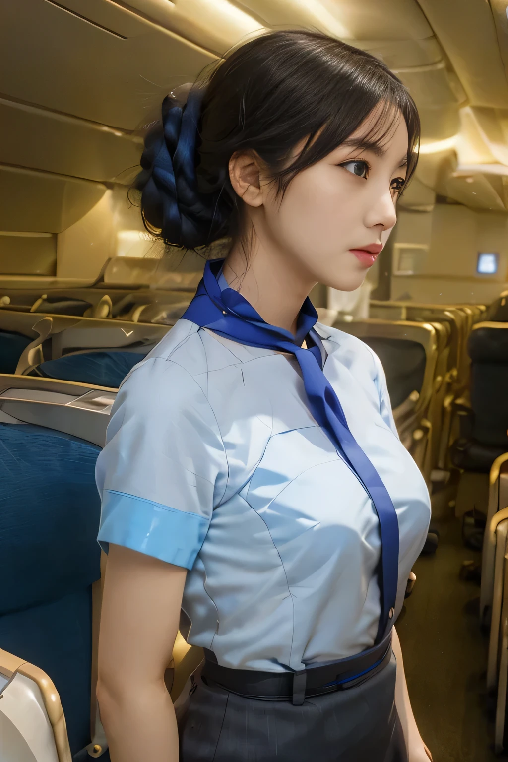 （ANA cabincrew uniform）、（Short sleeve light blue blouse）、（Scarf around the neck）、（Long hair updo、Chignon）、２５Old Japanese woman