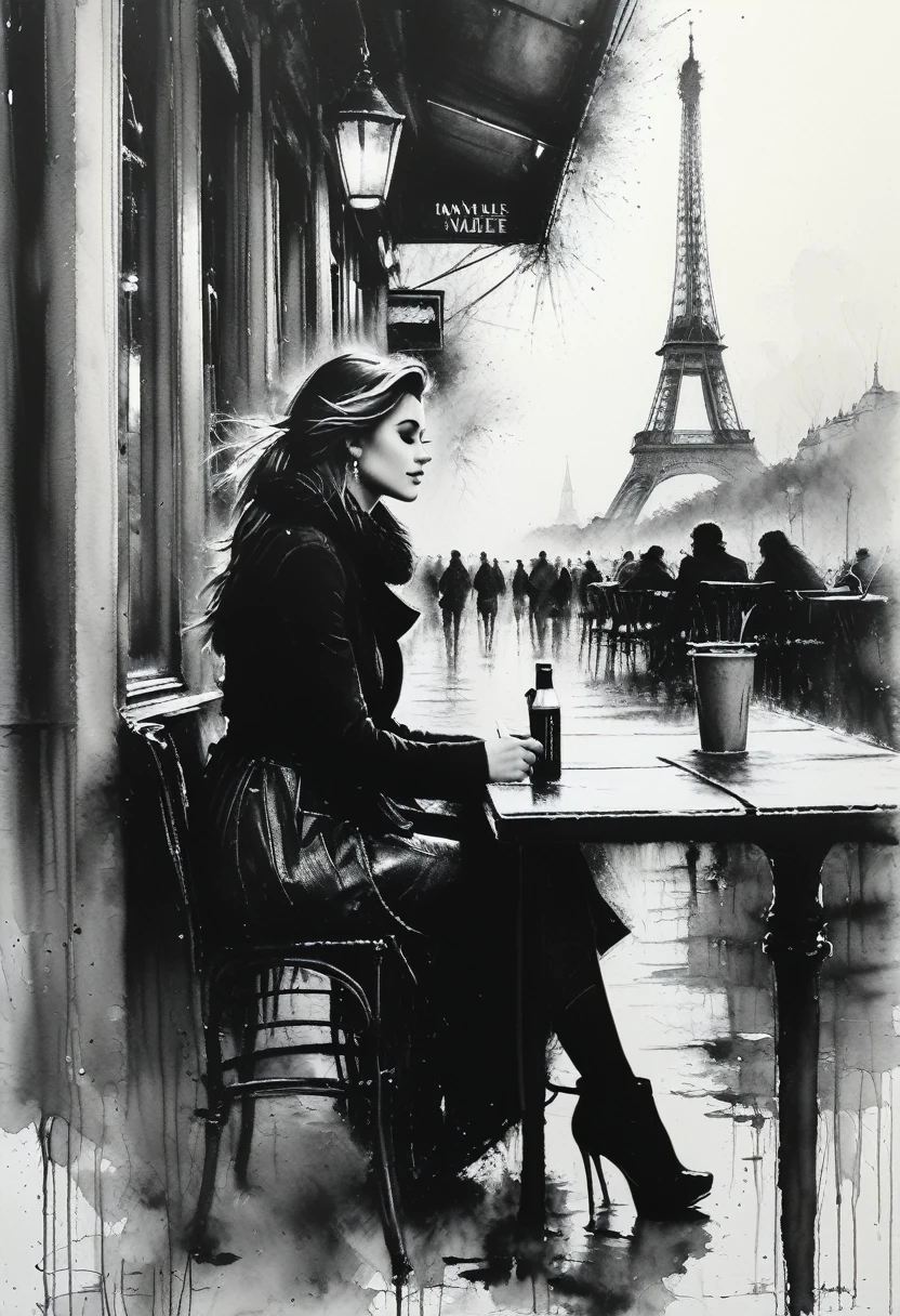 Dessin au charbon de bois, crayons de couleur, black Dessin au crayon, Dessin au crayon, dessin en noir et blanc, dessin au graphite, affiche, fermer, pleine longueur, incroyablement belle jeune femme assise dans un café de rue parisien, Portrait de Willem Henraets, aquarelle, technique mouillé sur mouillé et éclaboussures, centre, composition parfaite, Abstraction, surrealism Dessin au charbon de bois, peindre dans le style d&#39;artistes tels que Russ Mills, sakimichan, Fiasco, Léouch, artgerme, Darek Zabrocki et Jean-Baptiste Monge,