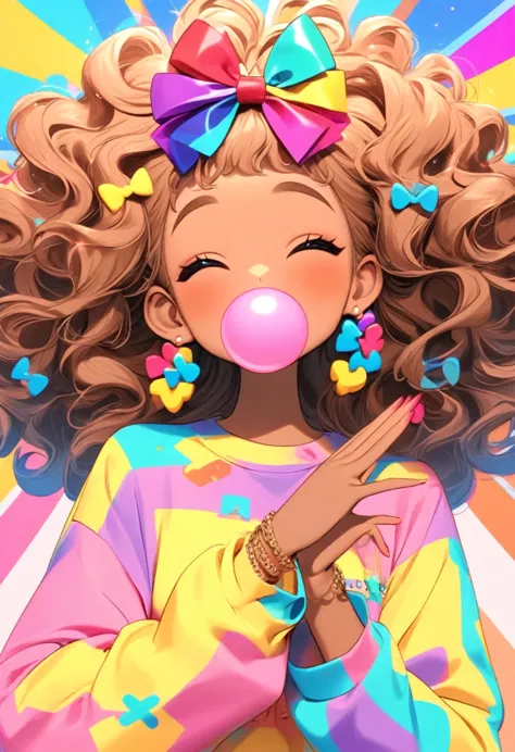 k-pop inspired fancy and cute video scene with c ute black dark tan brown skin woman aesthetic in cute clothes long curls bubble...