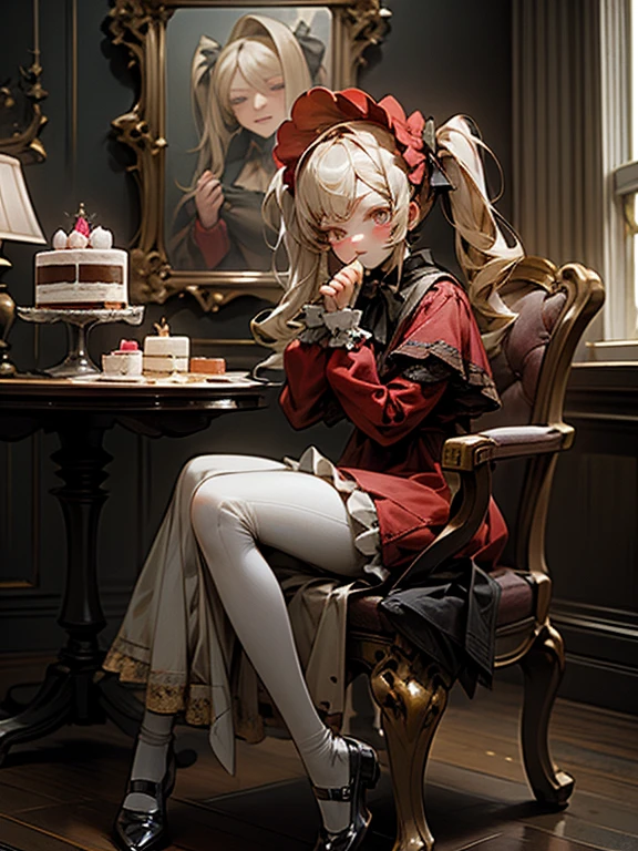 masterpiece, highest quality, Very detailed, 16k, Ultra-high resolution, Cowboy Shot, One 8-year-old girl, Detailed face, Perfect Fingers, Golden Eyes, Blonde,  Original Costume, Twin tails, bonnet、Red dress、White pantyhose cup、Black shoes, Western-style building, table, Sit on a chair, Eat cake