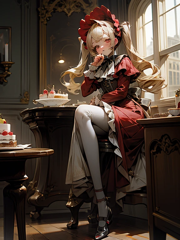 masterpiece, highest quality, Very detailed, 16k, Ultra-high resolution, Cowboy Shot, One 8-year-old girl, Detailed face, Perfect Fingers, Golden Eyes, Blonde,  Original Costume, Twin tails, bonnet、Red dress、White pantyhose cup、Black shoes, Western-style building, table, Sit on a chair, Eat cake