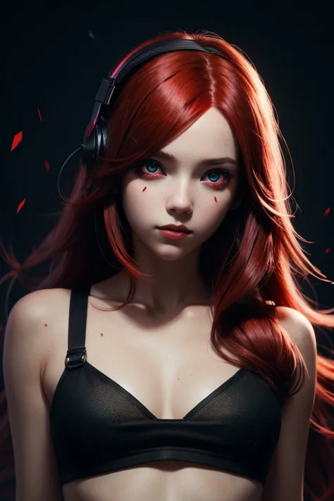 girl with long red hair, red eyes, futuristic vibes, mask on mouth, headphones, 8k, high quality, simple background, glowing eye...