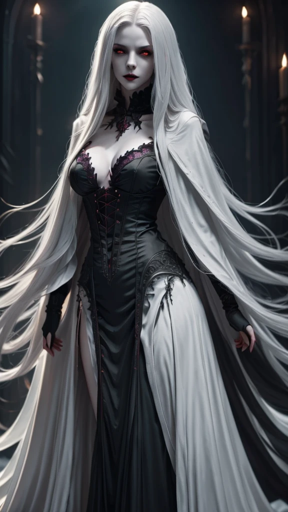 (best quality,4k,8k,highres,masterpiece:1.2),ultra-detailed,(realistic,photorealistic,photo-realistic:1.37),gothic style,gloomy atmosphere,dark shadows,eerie,haunting beauty,vampire girl,red eyes,pale complexion,long hair,long flowing dress,night scene,mysterious moonlight,hints of blood red,gloomy and mysterious,color palette: deep blacks and rich purples,dramatic lighting,ethereal and supernatural presence