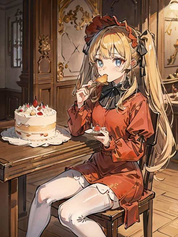 masterpiece, highest quality, Very detailed, 16k, Ultra-high resolution, Cowboy Shot, One 8-year-old girl, Detailed face, Perfect Fingers, Golden Eyes, Blonde,  Original Costume, Twin tails, bonnet、Red dress、White pantyhose cup、Black shoes, Western-style building, table, Sit on a chair, Eat cake