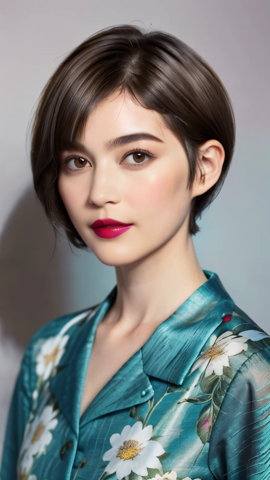 228 (20-year-old woman,Floral clothes),  ((Beautiful Hairstyles 46)), ((short hair:1.46)),  (lipstick)