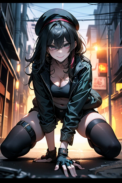 ubel,((ubel of Frieren: Beyond Journey's End )),dark green hair,long hair,side ponytail,hair between eyes,bangs, BREAK (beret, black jacket, open clothes, cleavage, midriff, black shorts, black thighhighs, thigh strap, fingerless gloves, single glove:1.2) , (dynamic angle:1.3, front view:1.1, breast focus:1.3, from below:1.2), (dynamic posing:1.5, sexy posing:1.2, leaning forward), (seductive smiling:1.3),(*K) HD, highest quality, WorKs of masters, High resolution, spread legs, panties shot,1 girl, small nose,(with sparkling eyes and a contagious smile), very beautiful detailed face and eyes, bright colors, cute face, delicate beautiful face, Bright magenta eyes, cute eyes, sparkling eyes, Big eyes, (big breasts:1.3), (perky chest:1.1), (pointed chest:1.0), medium hips, glamorous body, white skin, smile, thin pubric hair, shiny hair, super beautiful face, Super beautiful eyes, Super beautiful hair，trendy outfit，sexy and attractive，explosion of colors，big hairpin，full body esbian，illegal occupation, Real World, Natural light,perfect Natural light,looking at viewer,