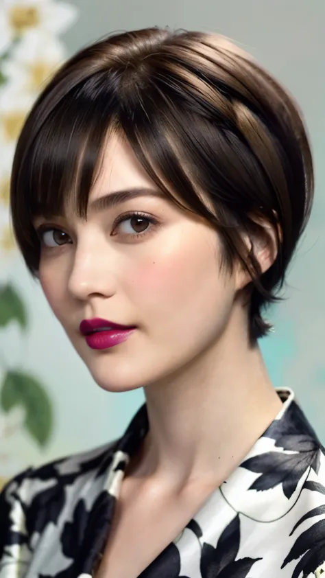 228 (20-year-old woman,Floral clothes),  ((Beautiful Hairstyles 46)), ((short hair:1.46)),  (lipstick)