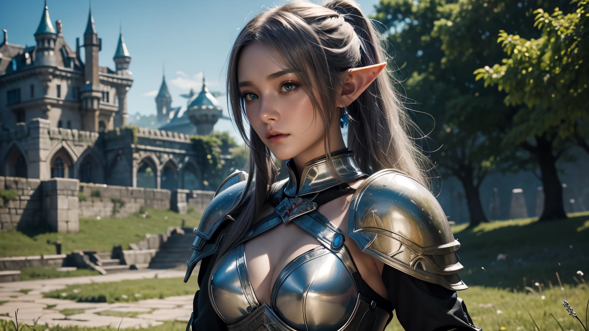 Close-up of a woman holding a sword and armor, Armor Girl, 2. 5D CGI anime fantasy artwork, Female Elf, Large scale navel exposure，Epic fantasy digital art style, detailed Digital 2D fantasy art, Digital 2D fantasy art, Gorgeous female warriors,Look at the camera， Role Playing Game Character Art, beautiful female knight, Fantasy Character Art, Epic and beautiful character art, beautiful female warrior，The background is the castle，dusk，semi-body photography